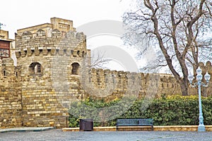 Icheri Sheher in Baku. Azerbaijan . Gate of the old fortress, entrance to Baku old town. Baku, Azerbaijan. Walls of the Old City i