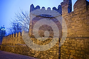 Icheri Sheher in Baku. Azerbaijan . Gate of the old fortress, entrance to night Baku old town. Baku, Azerbaijan. Walls of the Old