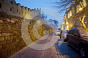 Icheri Sheher in Baku. Azerbaijan . Gate of the old fortress, entrance to night Baku old town. Baku, Azerbaijan. Walls of the Old