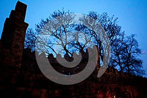 Icheri Sheher in Baku. Azerbaijan . Gate of the old fortress, entrance to night Baku old town. Baku, Azerbaijan. Walls of the Old