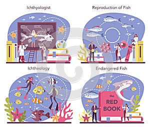 Ichthyologist concept set. Ocean fauna scientist. Practical studying