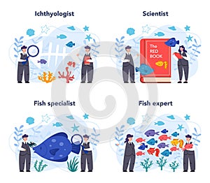 Ichthyologist concept set. Oceanic fauna scientist. Practical studying