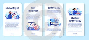 Ichthyologist mobile application banner set. Ocean fauna scientist.