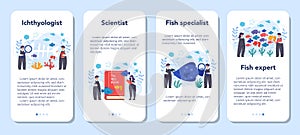 Ichthyologist mobile application banner set. Oceanic fauna scientist.