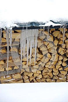 Icicle on gutter with wood