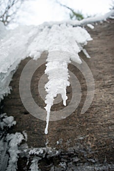 An icicle handing from rock near a frozen waterfall