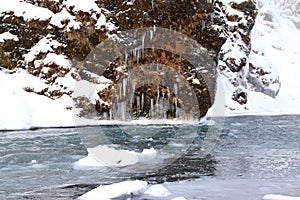 Icicles above Skoga river in Iceland