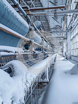 Icicles adorn the blue machinery of a snow-filled textile factory, painting a picture of a serene but frozen industrial
