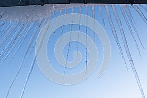 Icicles on blue sunset sky background