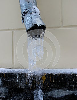 Icicles on a drainpipe in early winter