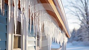 Icicles elegantly dangle from a rooftop in closeup view.AI Generated