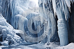 icicles forming on a frozen waterfall close-up