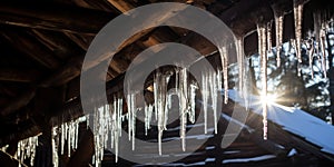 Icicles hanging from the roof of an old log hut -, concept of Winter wonderland