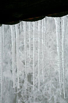 Icicles hanging on the roof. Winter nature abstract art.