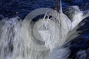 Icicles hanging from tree brange over waterfall photo