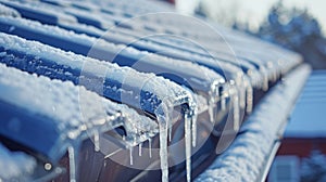 Icicles hanging in winter from the edge of a residential house roof in a serene snowy scene