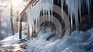 icicles hanging from wooden platform in the mountains