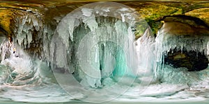 Icicles in the ice cave of Olkhon Island Lake Baikal. Spherical 360 180 vr panorama