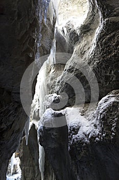 Icicles at Partnachklamm in Garmisch-Partenkirchen, Bavaria, Germany, wintertime