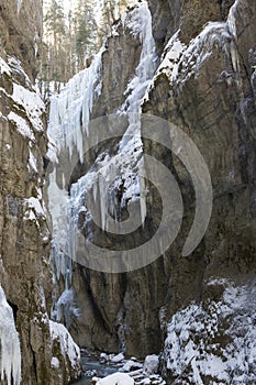 Icicles at Partnachklamm in Garmisch-Partenkirchen, Bavaria, Germany, wintertime