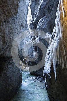 Icicles at Partnachklamm in Garmisch-Partenkirchen, Bavaria, Germany, wintertime