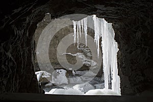 Icicles at Partnachklamm in Garmisch-Partenkirchen, Bavaria, Germany, wintertime