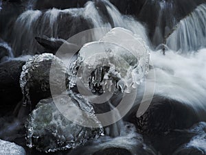 Icicles on rock in streaming water