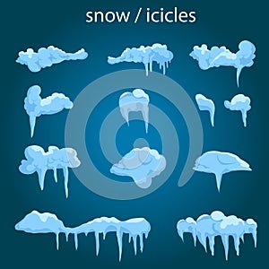 Icicles set on site menu bar and buttons. New year snowflakes decoration kit for website. Icicles and snowflakes