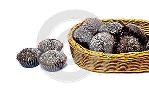 Icing chocolate muffin isolated on white background