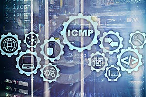 ICMP. Internet Control Message Protocol. Network concept. Server room on background.