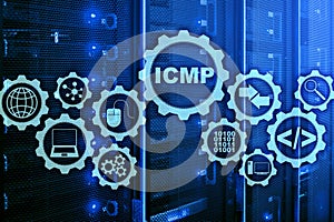 ICMP. Internet Control Message Protocol. Network concept. Server room on background.