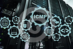 ICMP. Internet Control Message Protocol. Network concept. Server room on background.