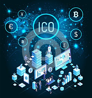 Ico Bitcoin Cryptocurrency People Mining Vector