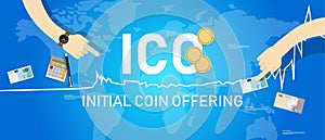 ICO Blockchain technology, Initial coin offering. Vector illustration of first release in trading market value.