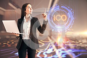 ICO concept with joyful businesswoman found new idea to increase profit