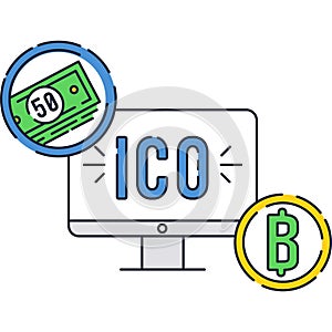 ICO icon computer monitor, bitcoin token and cash