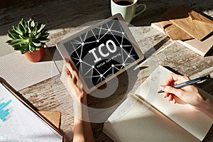 ICO - Initial coin offering. Blockchain and financial technology concept