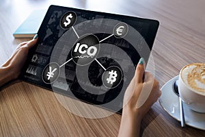 ICO - Initial coin offering. Blockchain and financial technology concept