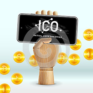 ICO Initial Coin Offering Business Internet Technology Concept on a screen of smartphone device, vector illustration.