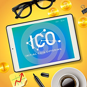 ICO Initial Coin Offering Business Internet Technology Concept on a screen of tablet device, vector illustration.