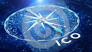 ICO Initial Coin Offering concept. Compass needle pointing ICO word