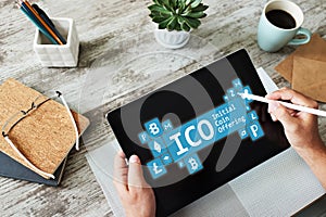 ICO - initial coin offering. Cryptocurrency, Blockchain. Fintech, modern financial technology concept.