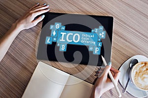 ICO - initial coin offering. Cryptocurrency, Blockchain. Fintech, modern financial technology concept.