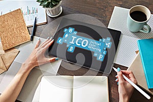 ICO - initial coin offering. Cryptocurrency, Blockchain. Fintech, modern financial technology concept.