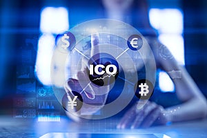 ICO, Initial Coin Offering. Digital electronic binary money financial concept. Bitcoin currency exchange