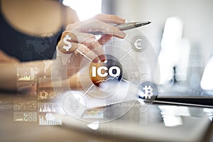 ICO, Initial Coin Offering. Digital electronic binary money financial concept. Bitcoin currency exchange