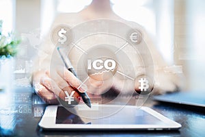 ICO, Initial Coin Offering. Digital electronic binary money financial concept. Bitcoin currency exchange