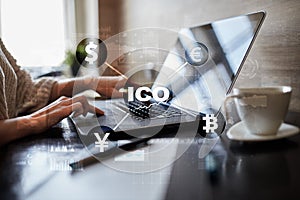 ICO, Initial Coin Offering. Digital electronic binary money financial concept. Bitcoin currency exchange on virtual