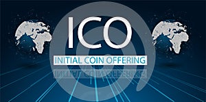 ICO initial coin offering futuristic hud background with world map and blockchain peer to peer network.