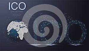 ICO initial coin offering futuristic hud background with world map and blockchain peer to peer network.